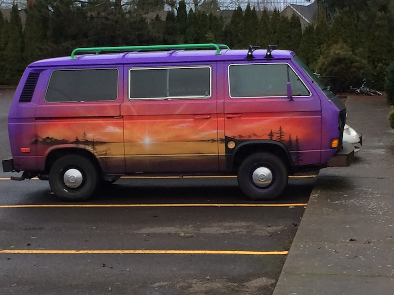 1981 Vanagon With Wooden Bumpers And A Green Roof Rack 